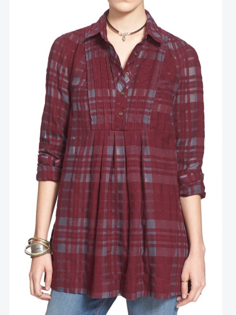 Free People Burgundy and Gray Plaid Tunic